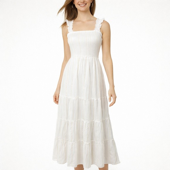 Ultra Flirt Dresses & Skirts - Ultra Flirt White Smocked Maxi Dress Gold Stripe Tiered Sundress Juniors M